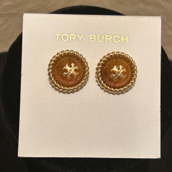 Tory Burch Kira Gold Tone Signature Logo Stud Earrings Preppy Medallion NEW - Picture 1 of 5
